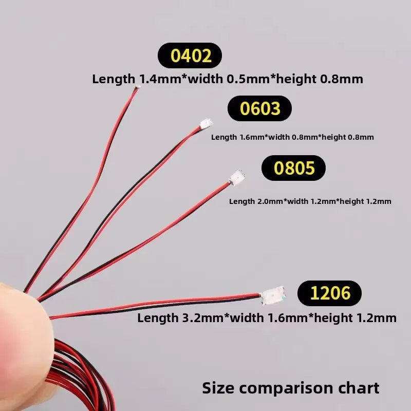 100pcs Pre-wired 0402 0603/0805/1206 SMD LED 7colors 3V led 30cm wires hobby model kit Car Railway railroad starship lighting