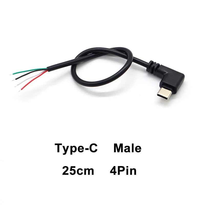 1pcs 2Pin 4Pin Micro USB / Type C Charger Connector USB 2.0 Type A Elbow Head Male Power Supply Extension Cable DIY Data Line