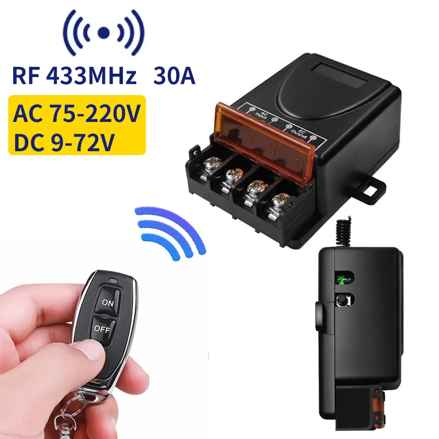 Universal 433Mhz Smart Switch with Wireless Remote Control Relay for Water Pump Motor Led Electric Appliance Learning Code 30A