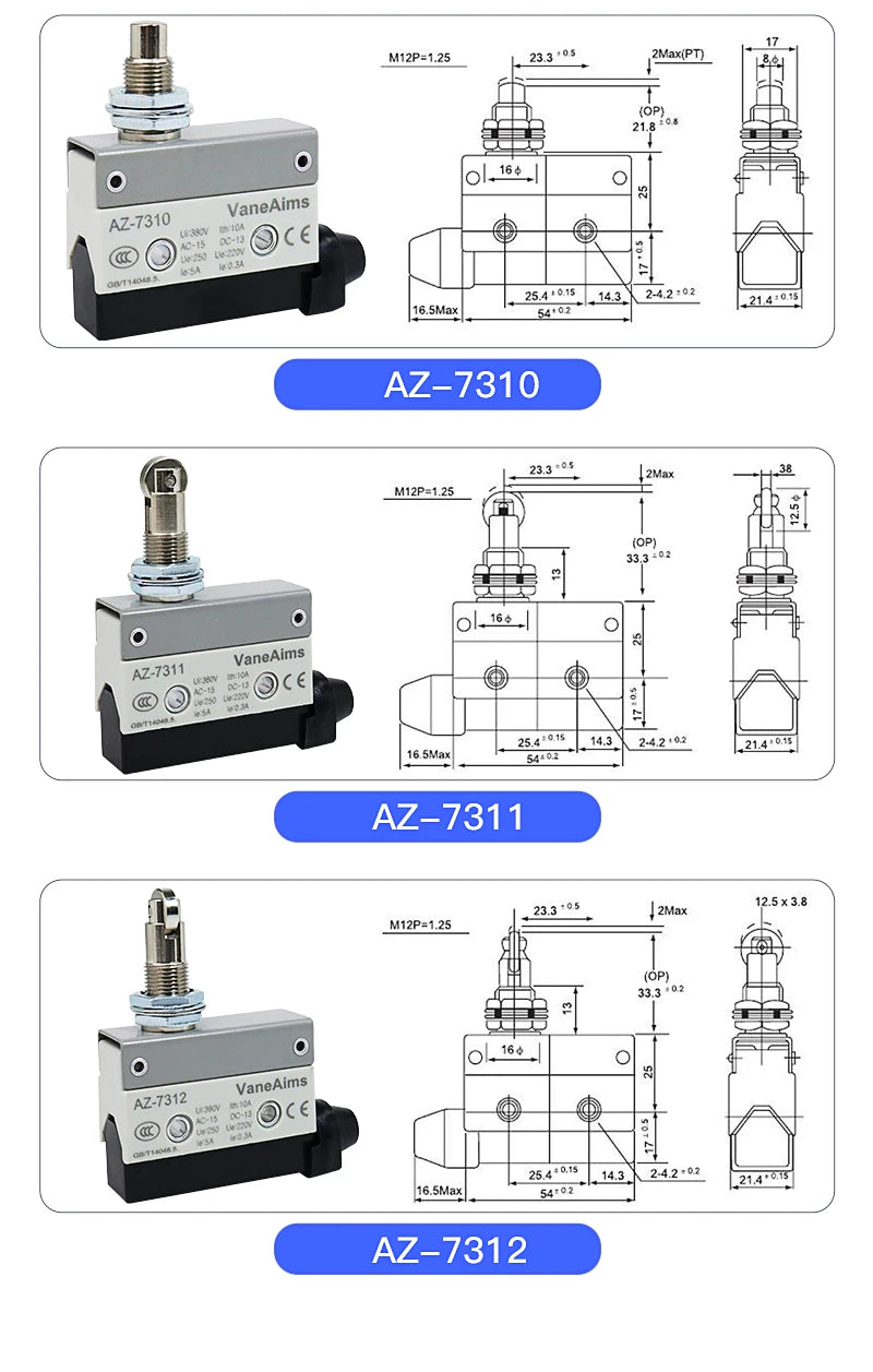 Waterproof AZ Micro Limit switch 10A 250V AZ-7312 AZ-7311 AZ-7121 AZ-7120 Small Roller Lever Travel Switch without fixation