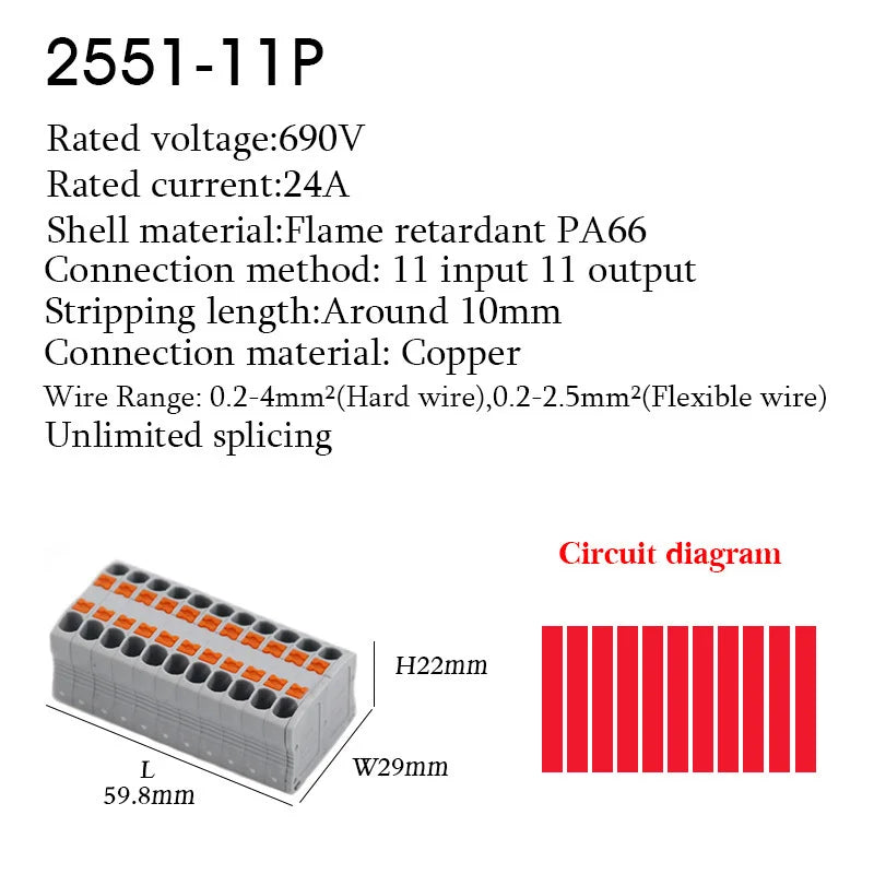 Wire Connectors Push-in Electrical Cable Terminal Block Multiple In Multiple Out Spliceable Mount On Din Rail With Fixing Hole