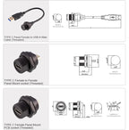 CAZN Waterproof IP67 IP68 Type C Female to Male PFC Flat Cable 3.1 Speed Threaded-type Type-C 3.1 10GB 3A 20V