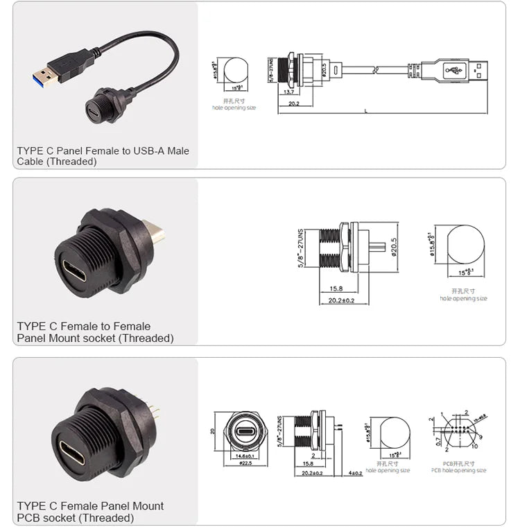 CAZN Waterproof IP67 IP68 Type C Female to Male PFC Flat Cable 3.1 Speed Threaded-type Type-C 3.1 10GB 3A 20V