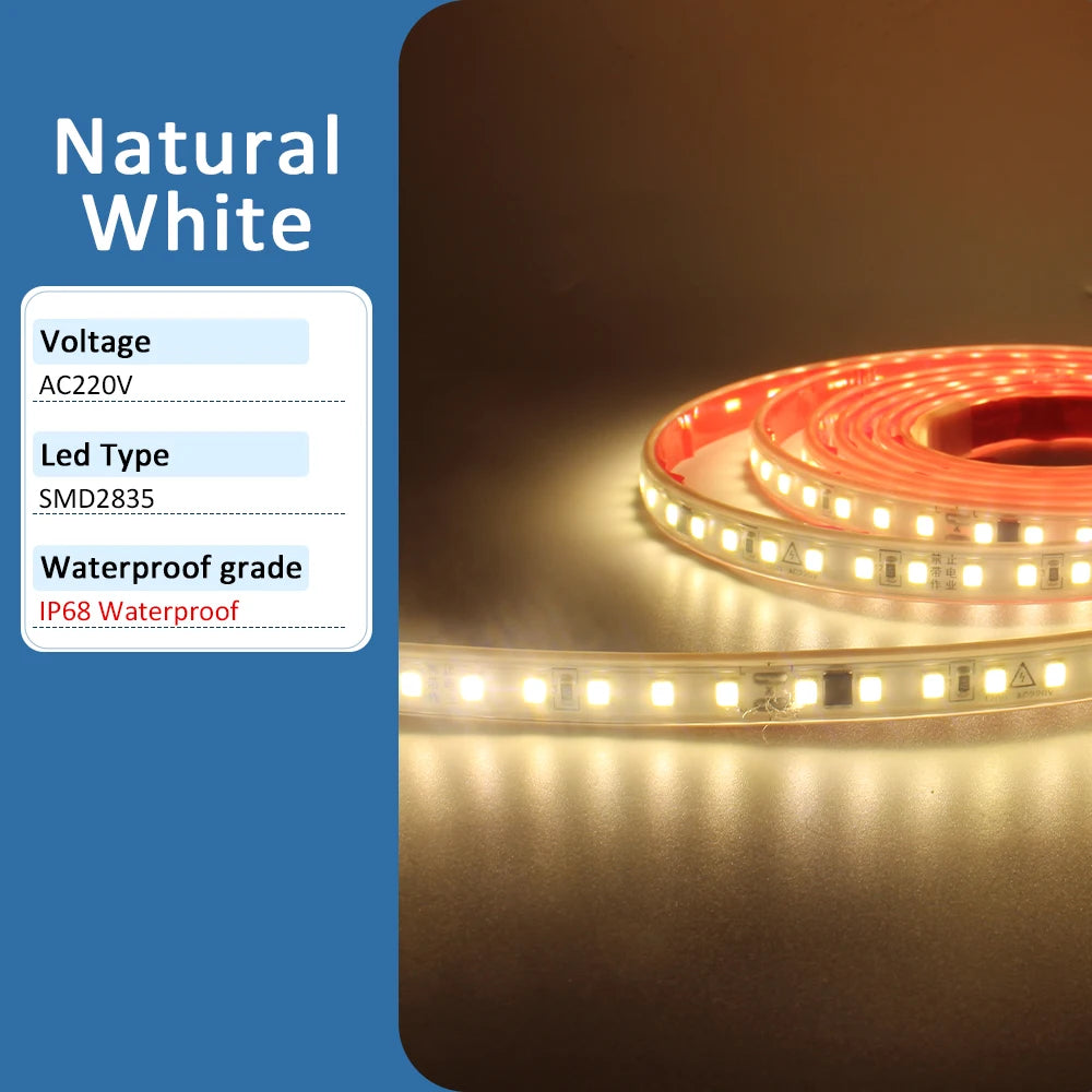 AC 220V LED Strip Light Waterproof SMD 2835 120LEDs/m 1M 5M 10M 20M 30M Flexible Ribbon Tape Lamp for Home Lighting Decoration