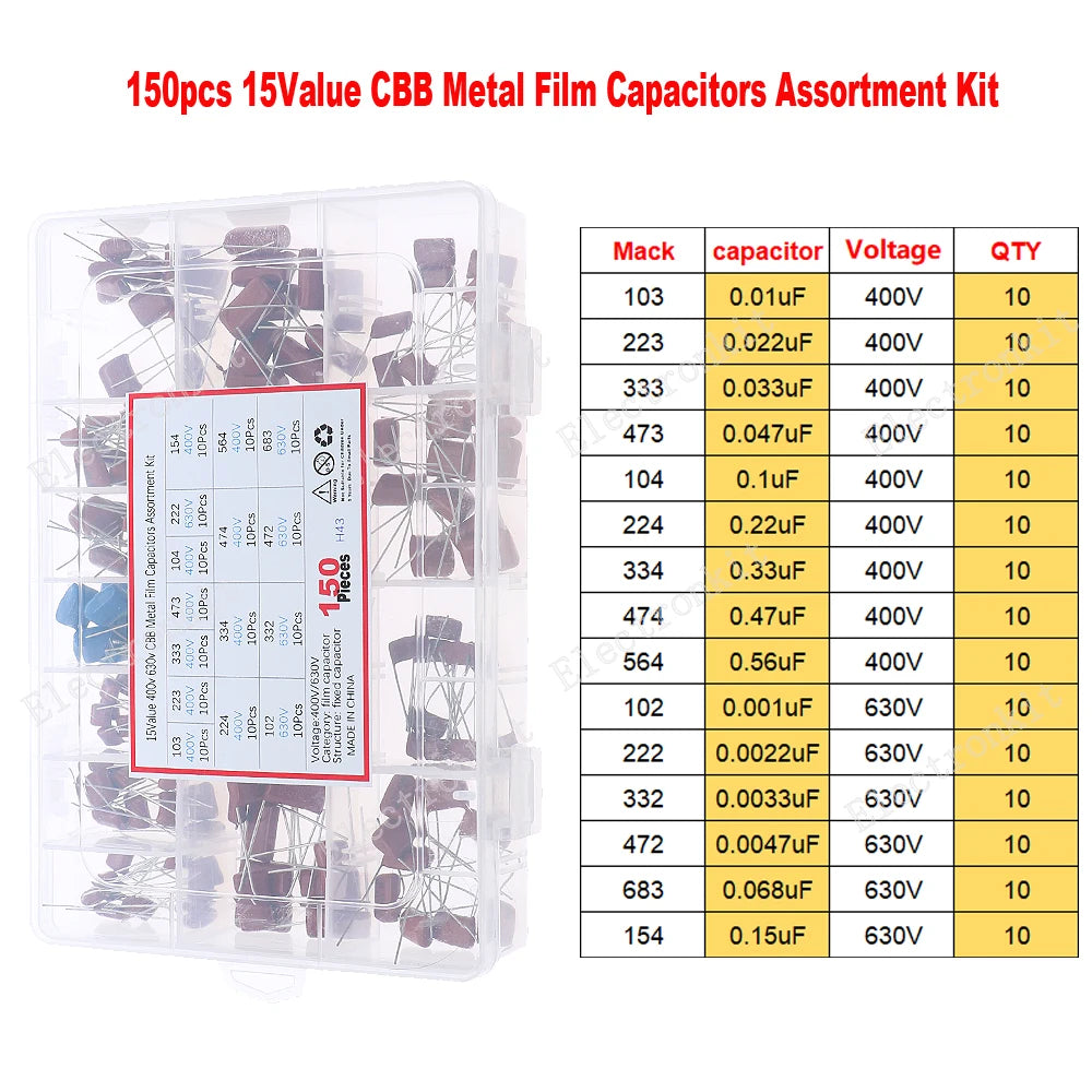 CBB Metal Film Capacitors Assortment Kit 100V 400V 630V 1000V 104 223 103 473 224 334 474 10nF 22nF 33nF 47nF 100nF 220nF 470nF
