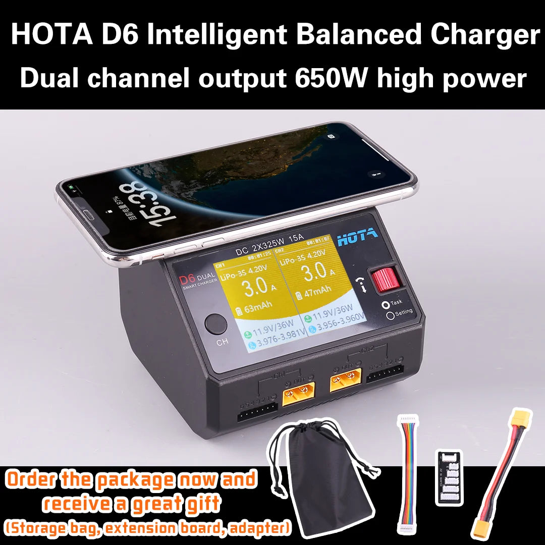 HOTA D6 DC650W 15A Dual Smart Charger Maximum current 1600mA Built-in Micro USB for 1-6S Lipo LiHV/NiZn/Nicd/NiMH Battery
