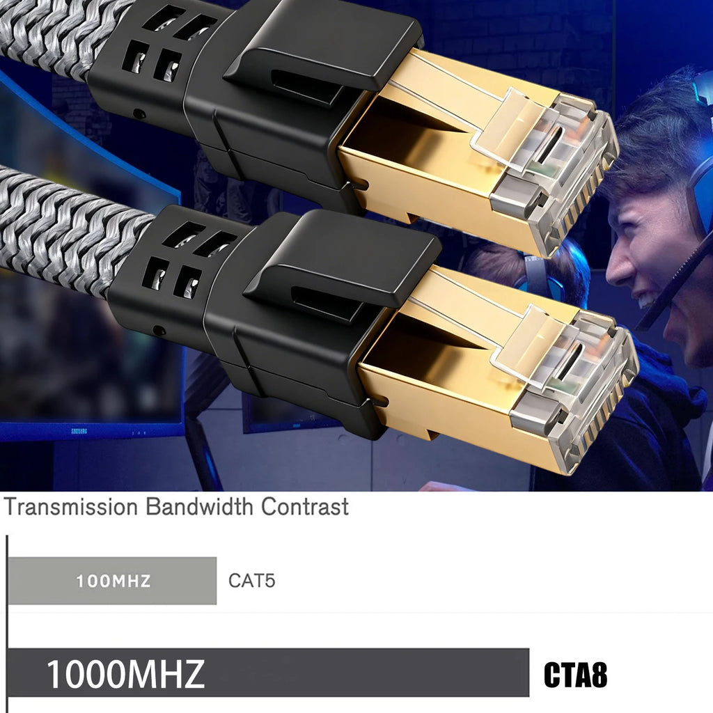 40Gbps Cat8 Ethernet Cable Fast Transmission Braided 10Gigabit Falt Cable RJ45 Connector for Router Modem PC Gaming For PS5 Xbox