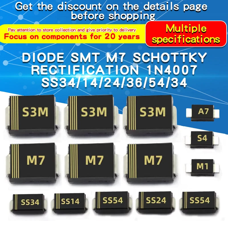 20PCS M1 M2 M4 M7 S4 SMA 1A 1N4001 4002 4004 4007 SS12 SS310 RS1M RS2M ES1D ES1J US1M SMD Schottky Rectifier Diode DO-214AC