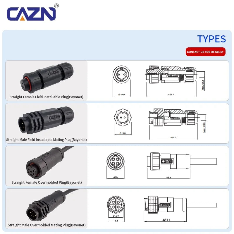 CAZN Plastic Straight Angled Male Female Circular Connectors E10 Waterproof Bayonet Connector 2-12 Pin with Unshielded PVC Wire