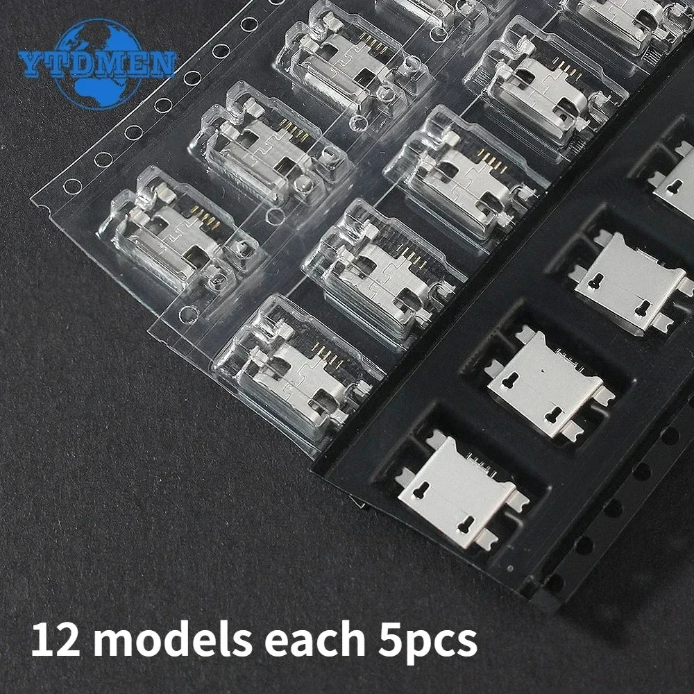 60pcs Socket Connector 5Pin Micro USB Socket Connectors Assortment Set 12 Models SMD DIP Electronics Kit