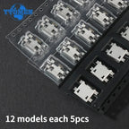 60pcs Socket Connector 5Pin Micro USB Socket Connectors Assortment Set 12 Models SMD DIP Electronics Kit