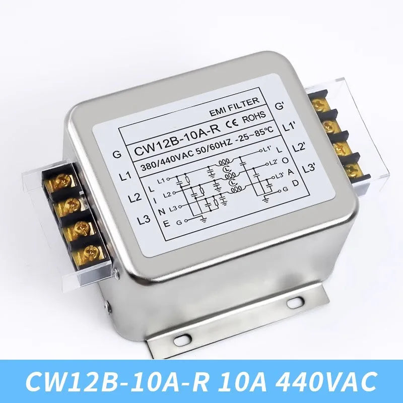 3-phase 3-wire AC power supply EMI filter CW12B-10/20/30A-R 380/440VAC terminal&Guide rail type power purifier Anti-interference