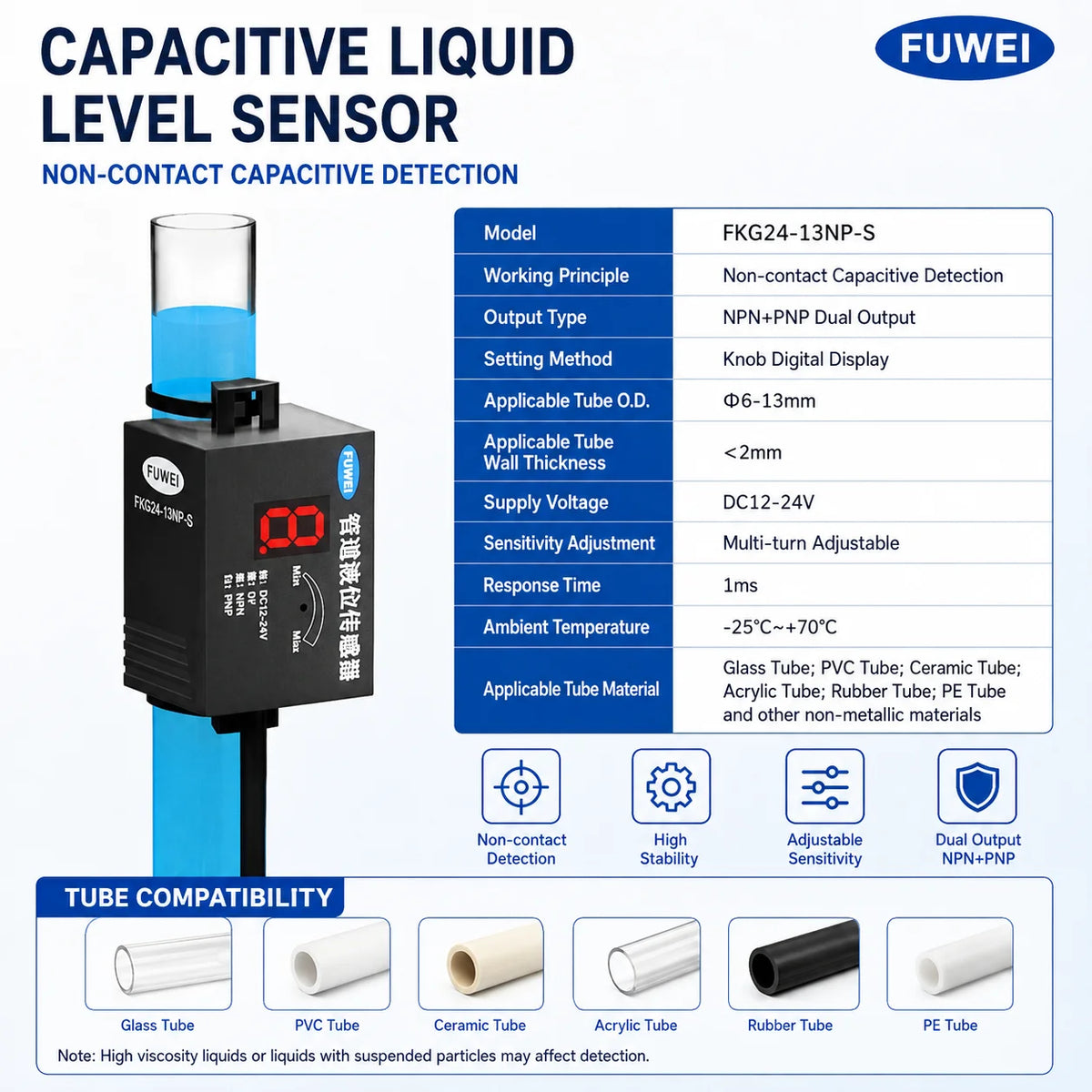 FKG24-13NP-S High Precision 13mm Liquid Level Control Digital Display Capacitive Pipe Liquid Level Sensor