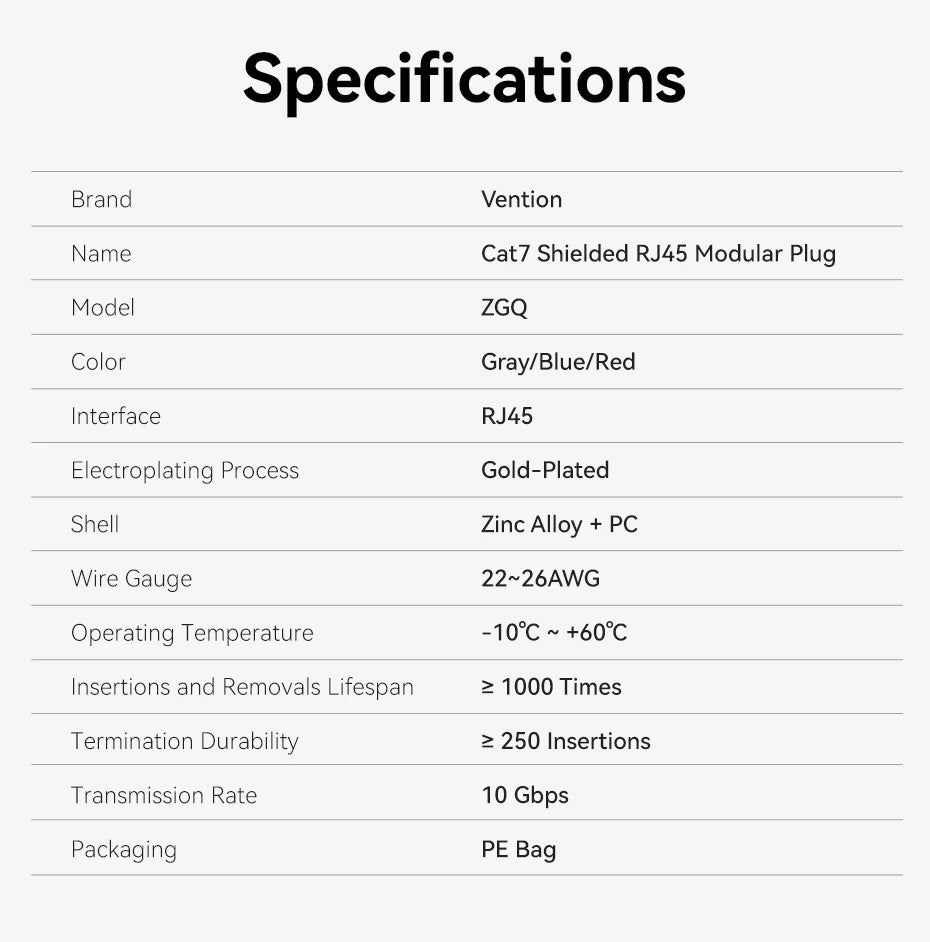 Vention NEW RJ45 Cat8 Cat7 Cat6A Connectors RJ45 Metal Tool Free Easy Termination Plug 2000MHz 40G LAN Cable Reusable Shielded