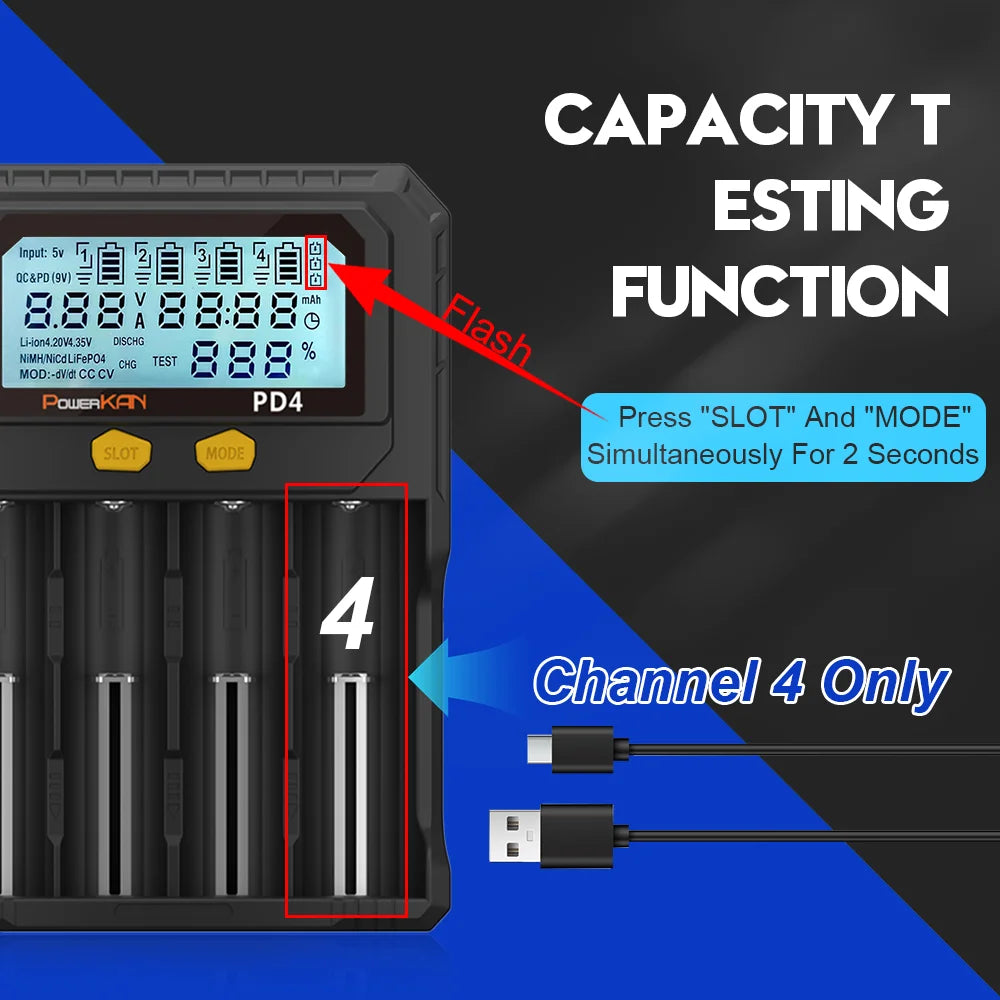 POWERKAN PD4 Smart Battery Charger with LCD Display Capacity Test for 18650 21700 26650 Li-ion Ni-MH Rechargeable Batteries