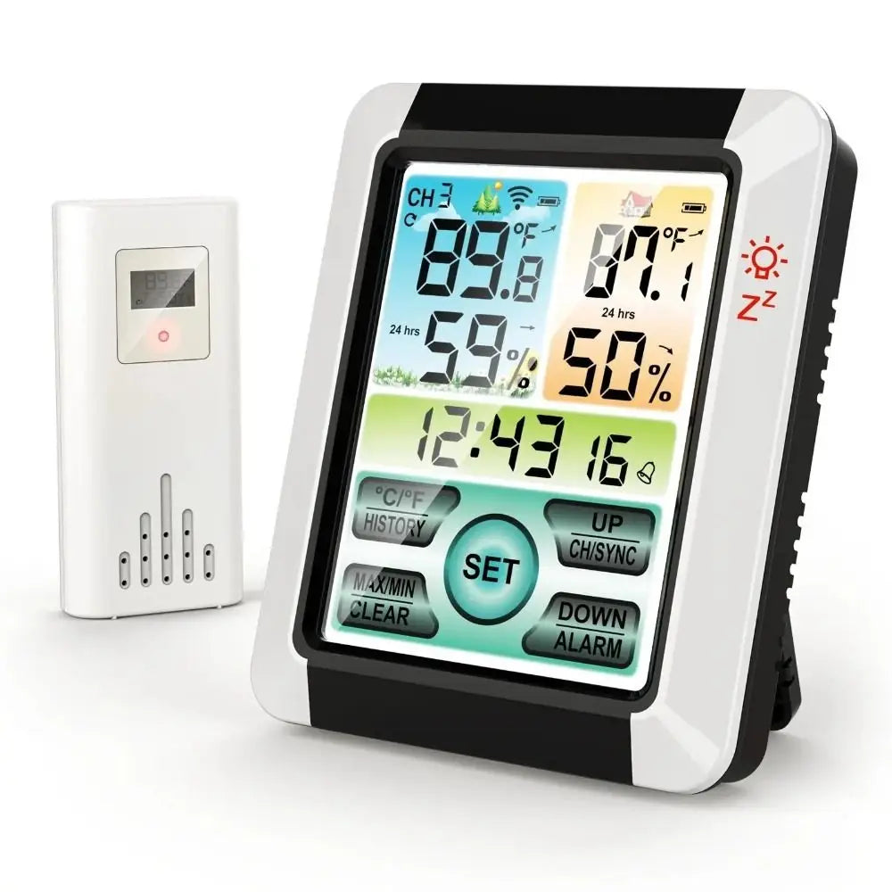 Wireless Temperature and Humidity Meter Barometer Alarm Clock Digital Weather Station Touch Screen Display Hygrometer