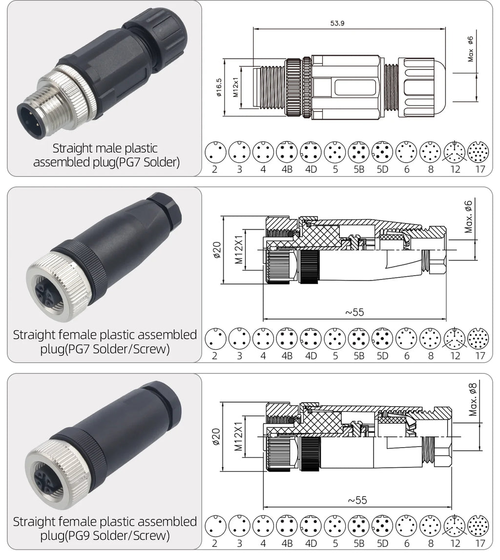 M12 Screw Termination Plastic Field Plug NMEA2000 5 Pin Straight Angled IP67 Waterproof 3 4 6 8 Poles Sensor Connectors PG7 PG9
