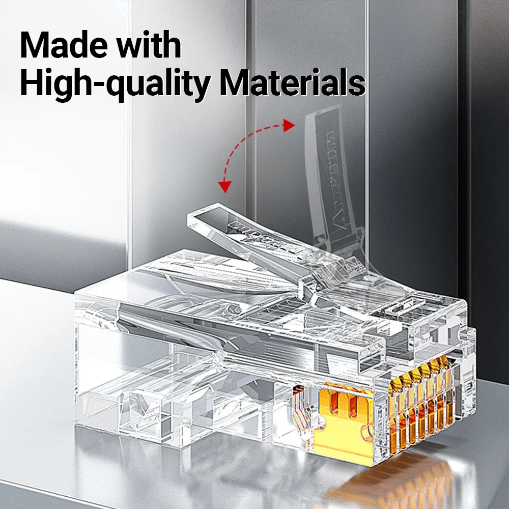 AMPCOM RJ45 Modular Plug, CAT5E CAT6 Pass Through Network Connectors UTP 3/50μ Gold-Plated 8P8C Crimp End for Ethernet Cable