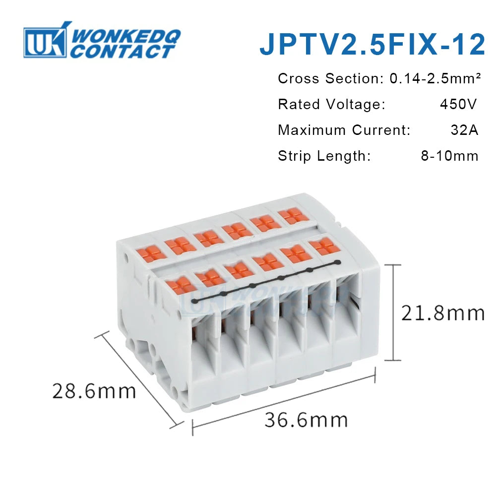 Din Rail Distribution Block PTVFIX Series Push-in Side-entry Terminal Block 2.5 mm² Cable Connector 6/7/12/13/18/19 Connections