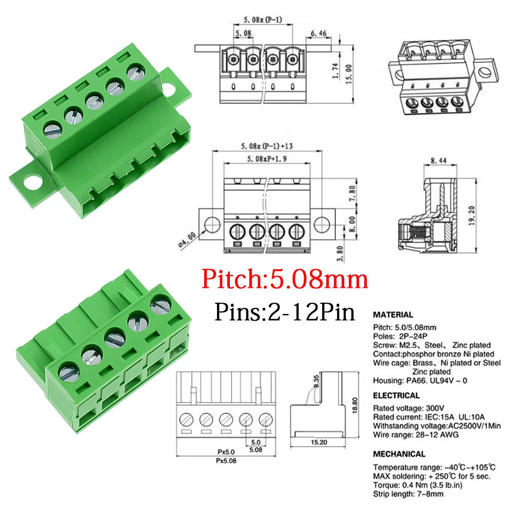 1Sets solderless docking type 2EDGRKC 5.08MM screw terminal block connector PCB plug-in type 2edg type green terminal block
