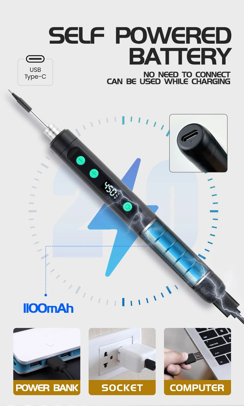 JCD Wireless Soldering Iron Portable 180-450 °C Adjustable Temperature built-in battery with 3Tip Soldering Tool Kit USB-5134