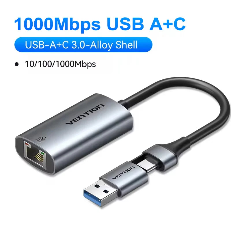Vention USB A C 2.5G Ethernet Adapter USB 3.0 2500/1000 Mbps Network Card for MacBook iPad USB Lan RJ45 for PC Windows Laptop