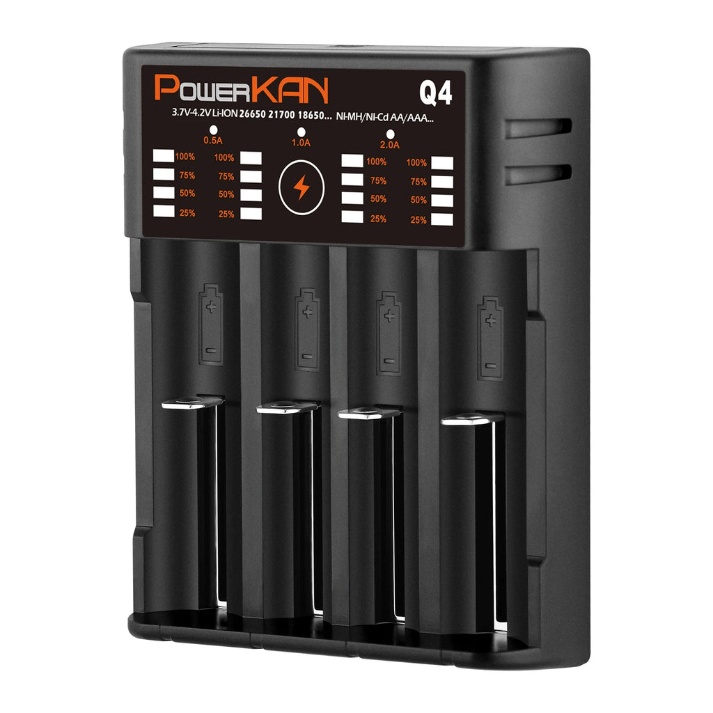 POWERKAN Q4 4-Bay Charger for 1.2V Ni-MH AA AAA & 3.7V Li-ion 18650 26650 Batteries with USB Output