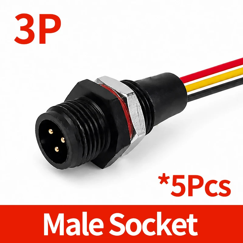 5PCS M12 IP65 Waterproof Aviation Connector 2 3 4 5 6 8 Pin Metal Panel Mount Male Plug Socket Pigtail Cable for Industrial Use