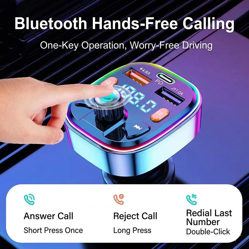 Wireless Car Bluetooth 5.0 FM Transmitter Radio Adapter RGB Light PD Fast Charger 3 Ports Hands-Free Call Bass Boost MP3