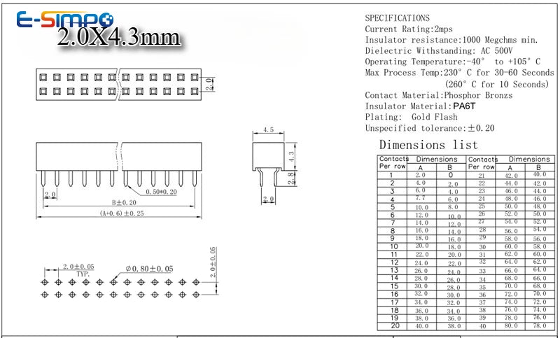 20PCS 2.0mm Double Row Straight Female 2-40P Pin Header Socket Connector 2x2/3/4/5/6/7/8/9/10/12/14/15/20/25/28/30Pin PH=4.3MM
