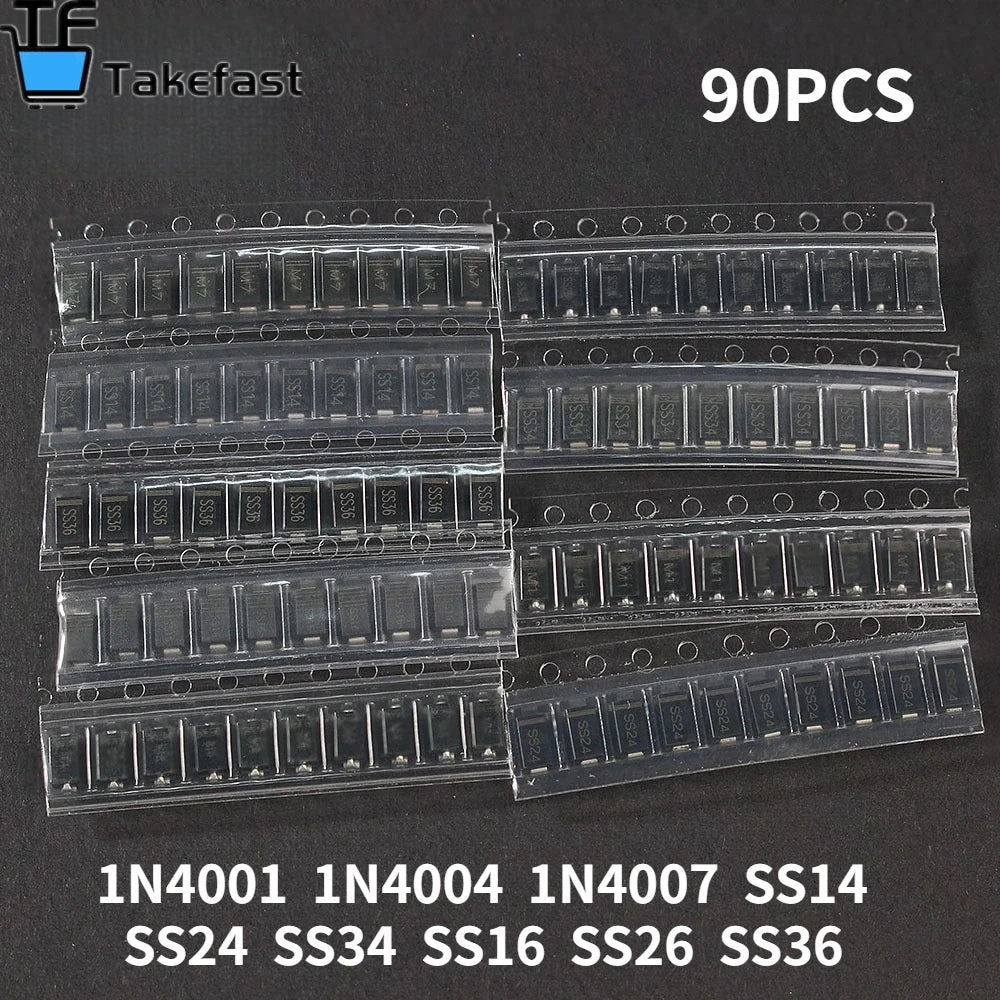Takefast 90pcs SMD Diode Kit 1N4007 1N4001 1N4004 SS14 SS16 SS24 SS26 SS34 SS36 9 Values X10pcs Rectifier Diodes Schottky
