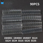 Takefast 90pcs SMD Diode Kit 1N4007 1N4001 1N4004 SS14 SS16 SS24 SS26 SS34 SS36 9 Values X10pcs Rectifier Diodes Schottky
