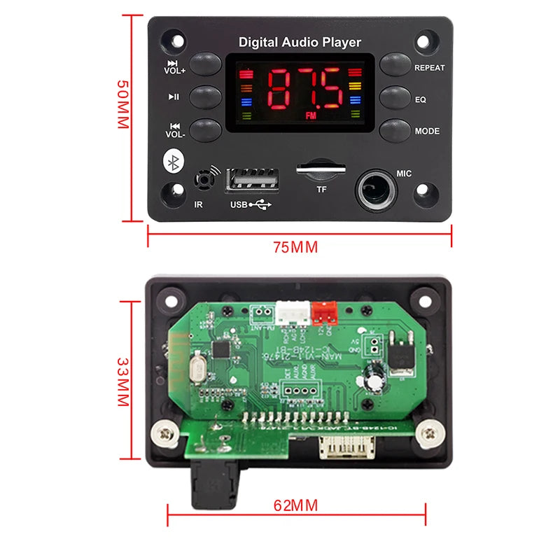 DC 5V 12V Audio Player Bluetooth 5.0 MP3 Decoder Board Hands-free Car Microphone USB TF FM Radio MP3 Music Player Speaker