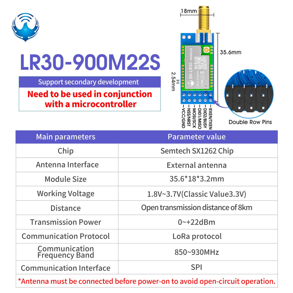 SX1262 LoRa Wireless Module 868Mhz 915Mhz 433 475Mhz DX-LR30 22dBm 8KM Long Range SMD RF Module Power Supply
