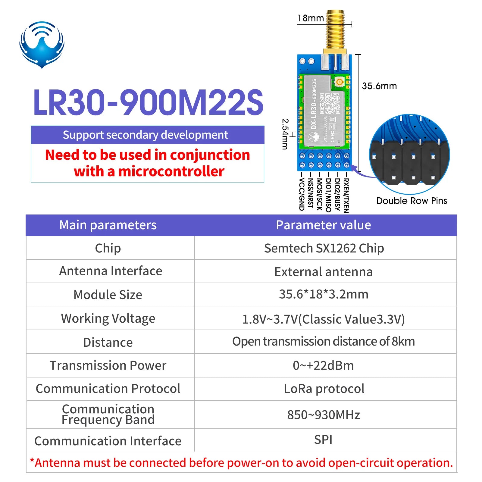 SX1262 LoRa Wireless Module 868Mhz 915Mhz 433 475Mhz DX-LR30 22dBm 8KM Long Range SMD RF Module Power Supply