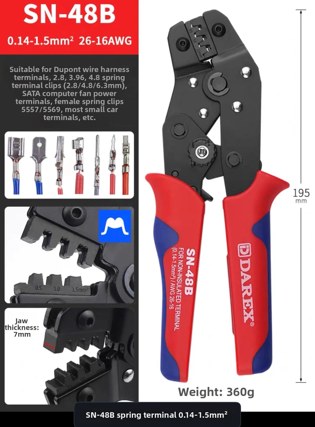 Darex DuPont Spring Terminal Automotive Wiring Harness Power SN Cold-Press Terminal Wire Crimping Pliers
