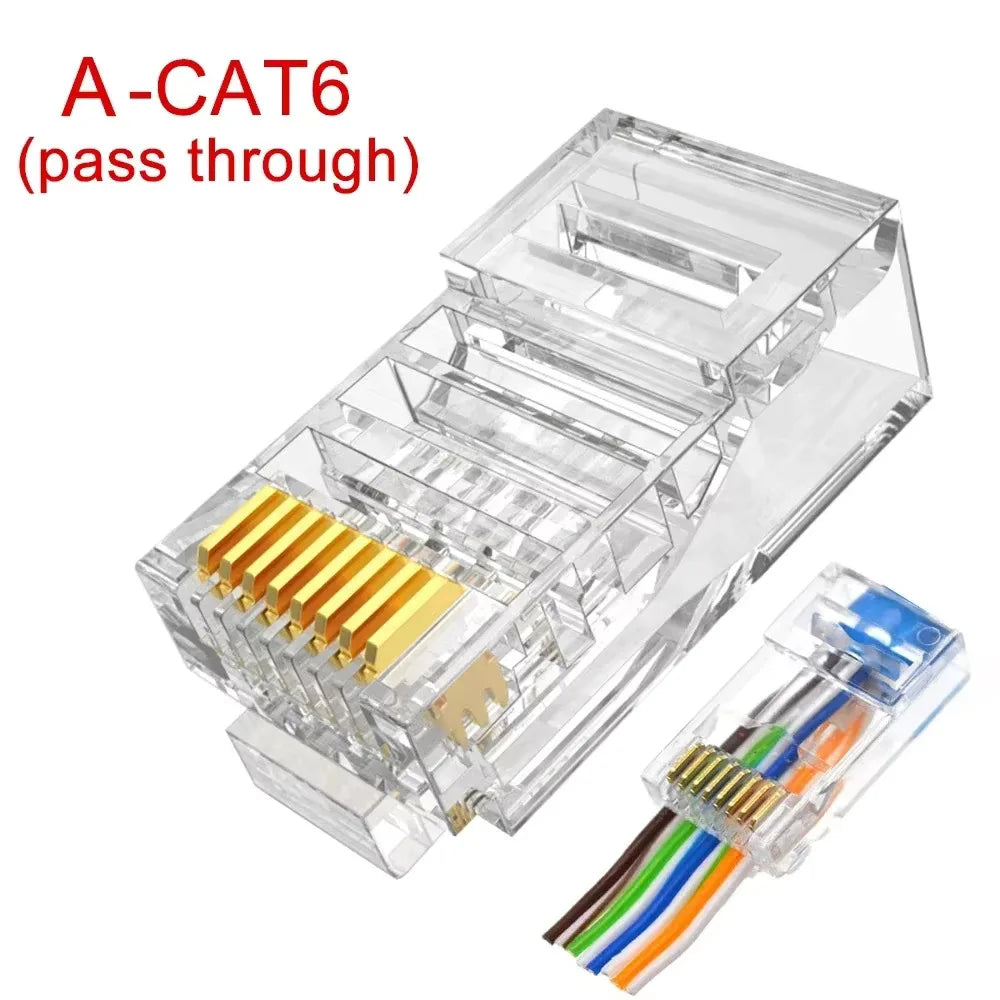 RJ45 Cat6 Cat5e Pass Through Network Connectors Ethernet Cable Gold-plated Crimp End Stranded UTP Unshielded Modular Plug