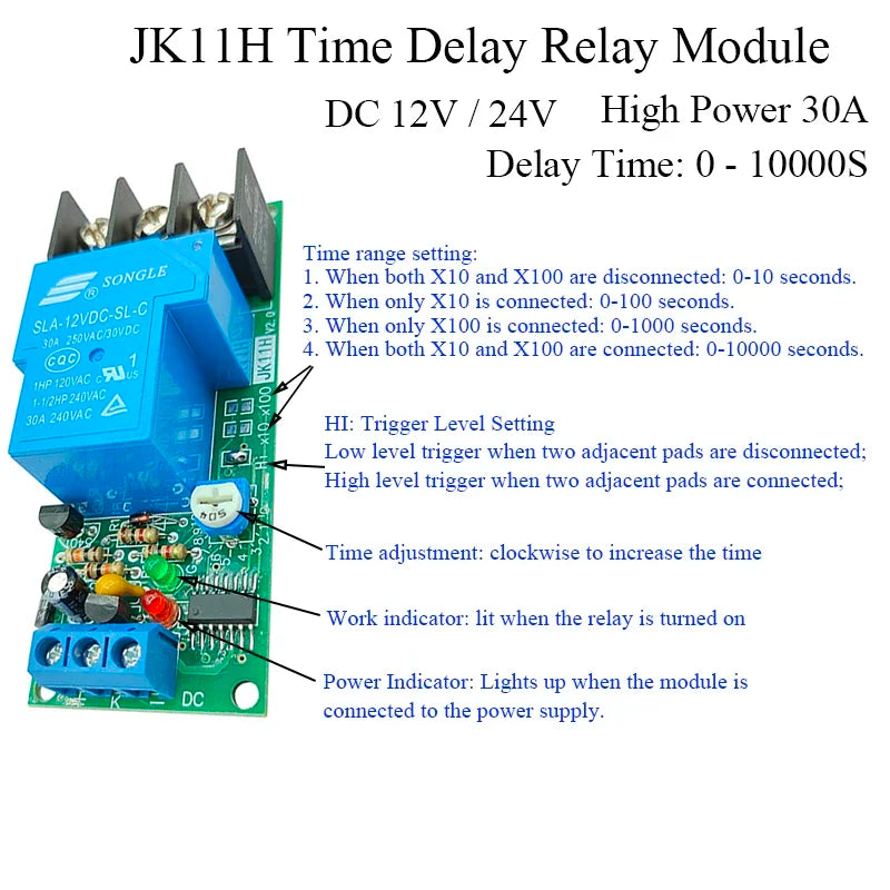 Time Delay Relay Module Triggle Timer Control Switch DC12V 24V High-power 30A  1-10000s Delay Adjustable Turn Off Conduction