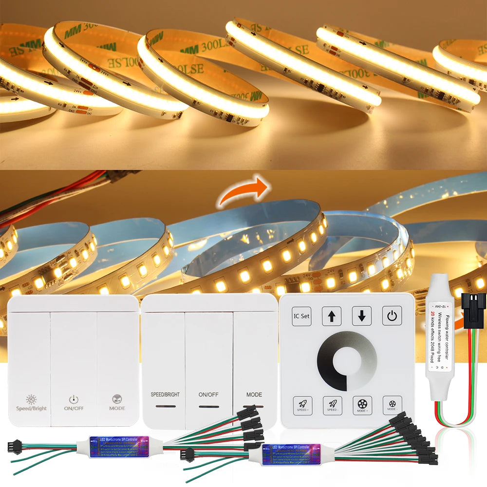 WS2811 Horse Race Running Water Led Strip 24V COB 360LEDs/M SMD 120LEDs/M Touch Controller Sync Controller 1to4 1to8 Sequential