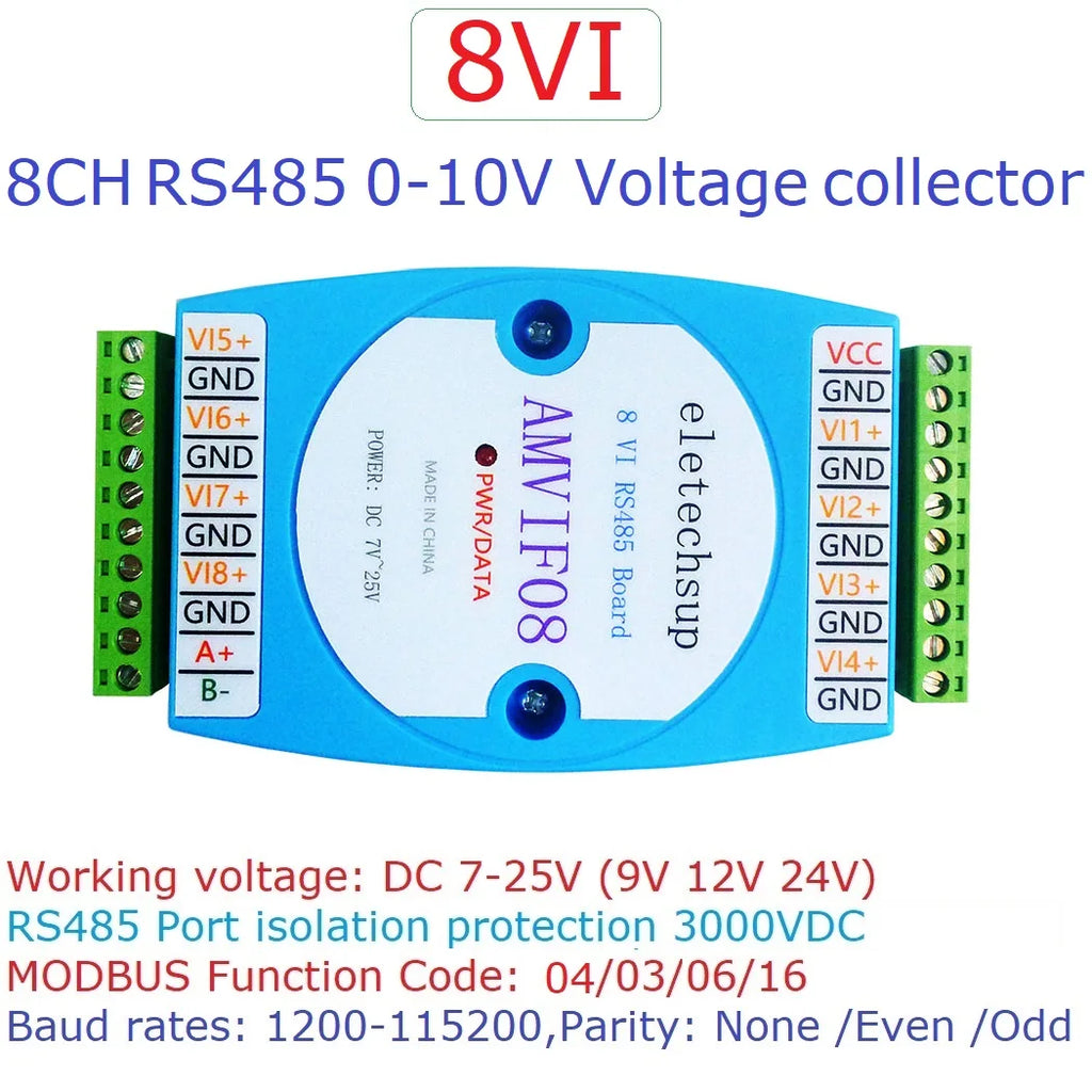DC 12V-24V 8AI 8VI 4-20MA /0-10V to RS485 Current/Voltage ADC Collector Module for MODBUS RTU PLC Board