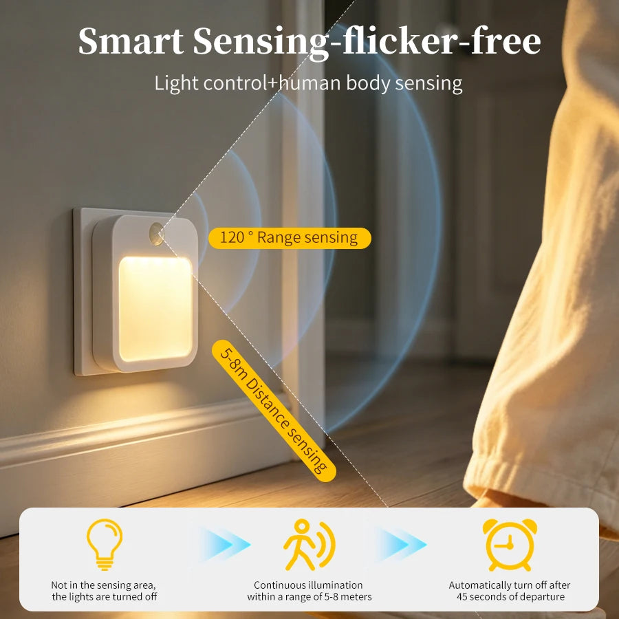 LED Motion Sensor Plug-In Night Light Warm/Cool White Dimmable 5 Brightness Levels for Hallway Stairway Bedroom 100-240V