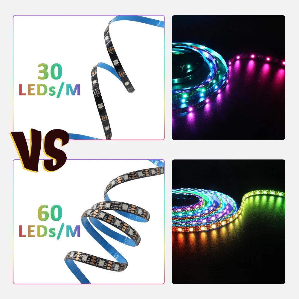 WS2812B RGBIC LED Strip Light 5V DC 5050 300LED SMD Digital LED Tape Ribbon Lamp Black PCB Waterproof Addressable RGB IC Stripe