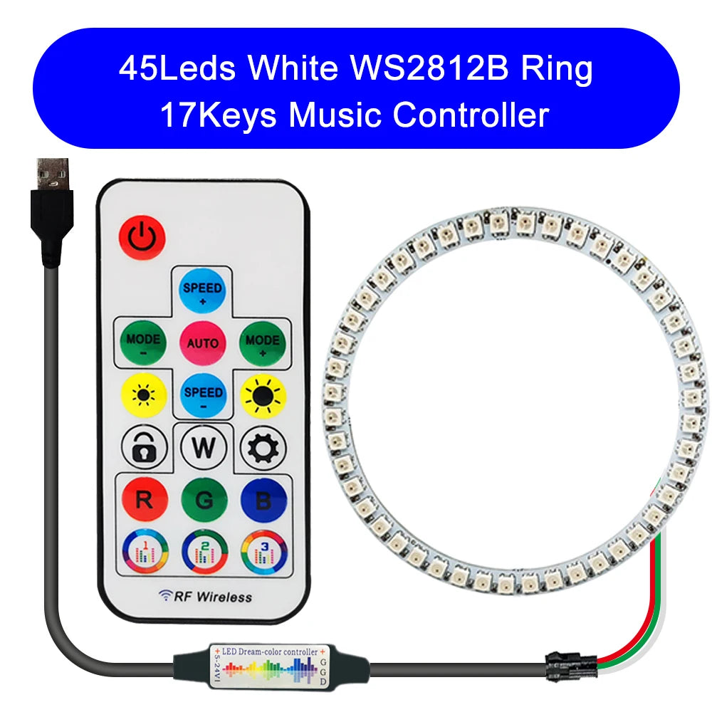 DC5V WS2812B DIY LED Ring 8 to 241 Pixels 5050 RGB Individually Addressable WS2812 Round Modules With 17Keys Music RF Controller