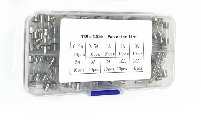 100Pcs/Box 5*20 5x20MM Glass Tube Fuse Assorted Kit 0.2A 0.25A 0.3A 0.5A 1A 2A 3A 4A 5A 6A 8A 10A 15A Set