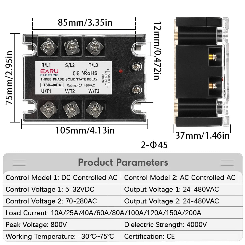 TSR  SSR-10DA SSR-40DA SSR 25A 60A 80A 100A Three Phase SSR Solid State Relay DC Control AC 480V 5-32V Input Aluminum Heatsink