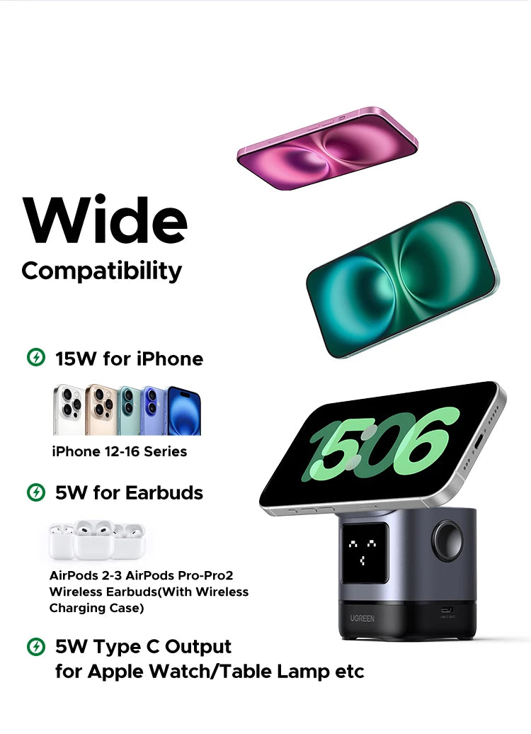 UGREEN UNO Qi2 15W Magnetic Wireless Charger Charging Stand With Cable  For iPhone 16 17 Pro Max For MagSafe Fast Charger