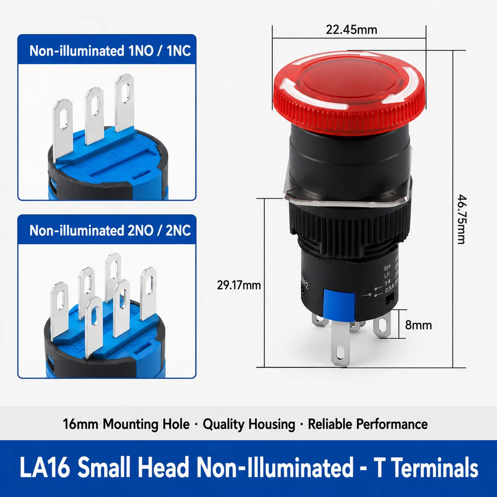 16mm Plastic Emergency Stop Switch Latching Self-locked 1NO1N Red Mushroom Head Electrical Control Push Button Switch VaneAims