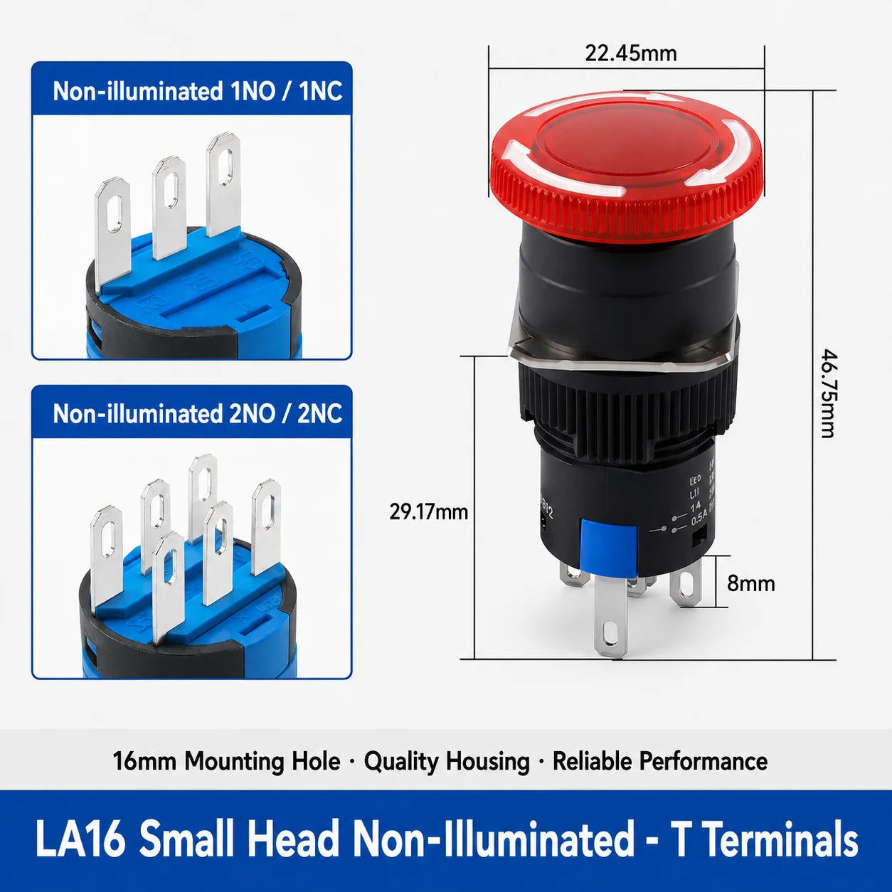 16mm Plastic Emergency Stop Switch Latching Self-locked 1NO1N Red Mushroom Head Electrical Control Push Button Switch VaneAims