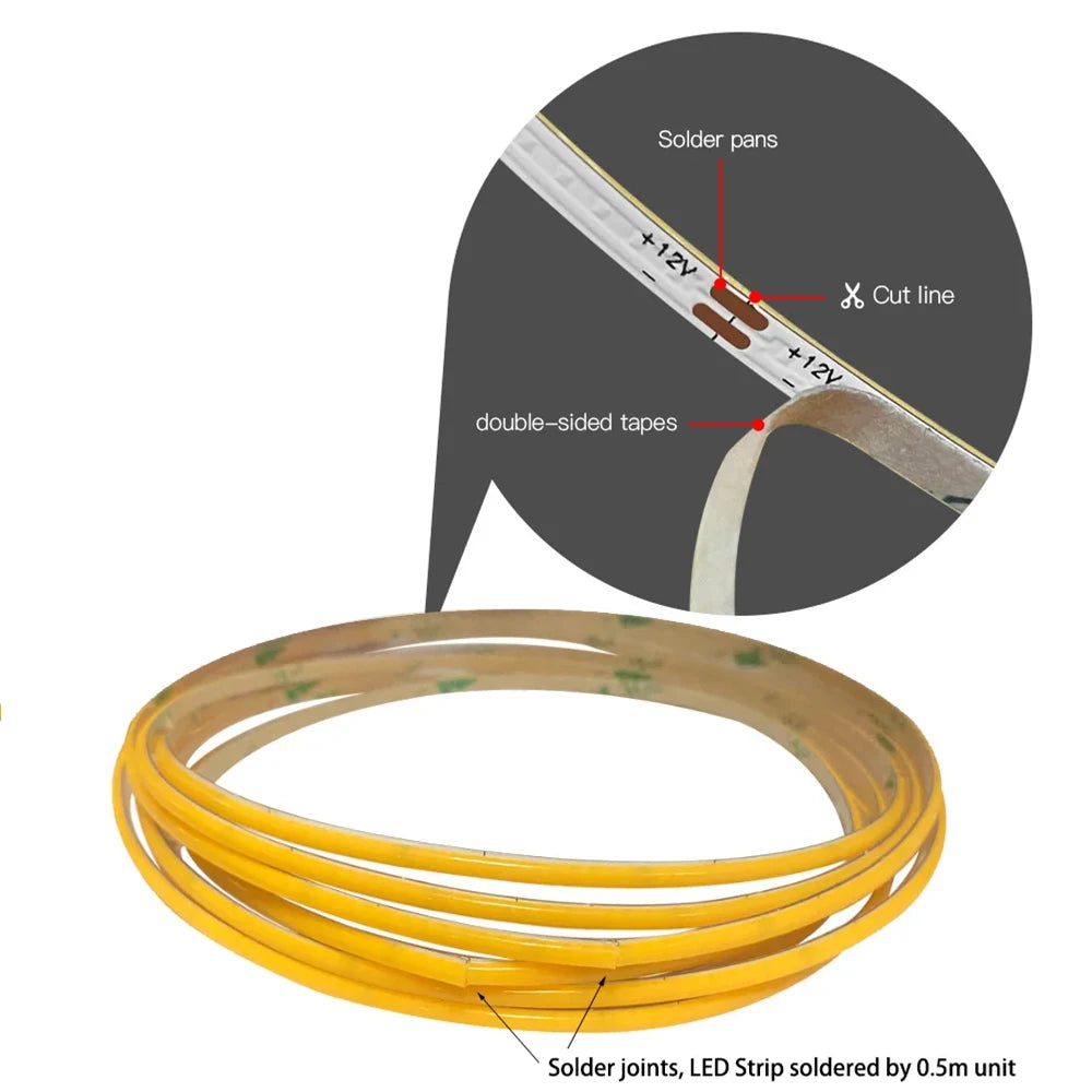 DC 5V USB 2.7mm Super Slim COB LED Strip Light 480LEDs/m White/Pink/Red/Yellow/Ice Blue/Green/Orange Home Decor TV Backlight