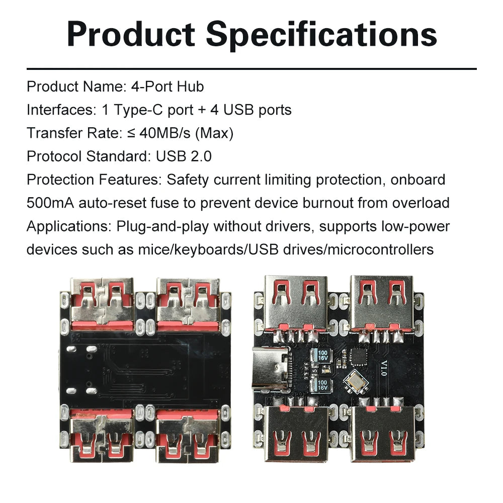 XL334P4 USB2.0 4-port Controller Expansion Module USB 2.0 to 4 Channel Way Splitter USB-HUB Type-C Extender Board 40MB/S